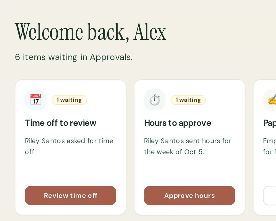 CypressHR owner Home in the sample company: time off to review and hours to approve