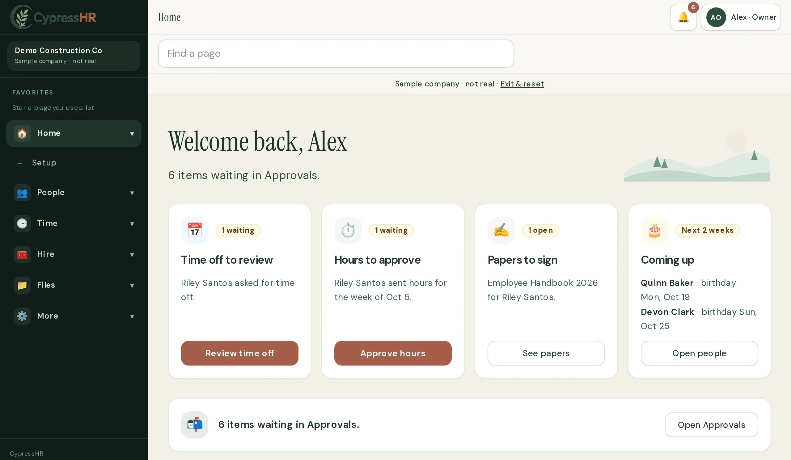 CypressHR owner Home in the sample company: time off to review, hours to approve, papers to sign, and upcoming birthdays